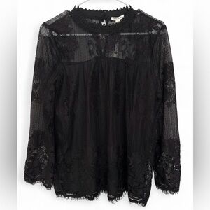 NWT Ultra Pink Black Lace Frayed‎ Hem Long Sleeve Sheer Blouse Medium Whimsical